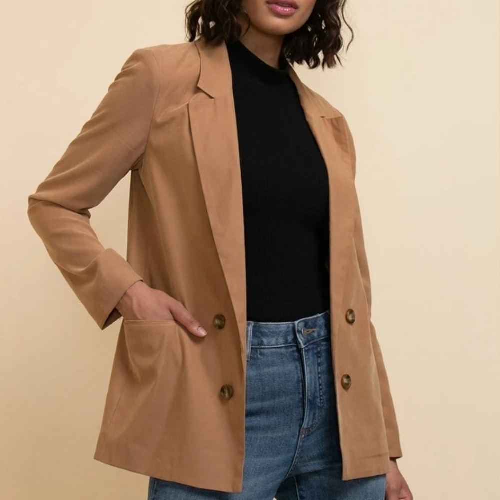 Autres Filles Camel Tan Open Front Double Breasted Sandwash Blazer Size XL